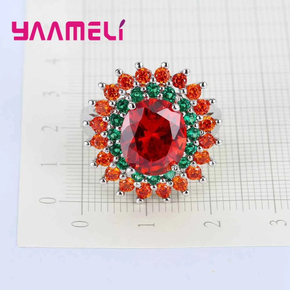 Brand Passionate Style Red Stone Ornament Green Crystal Flower Shape Cubic Zirconia 925 Sterling Silver Ring For Party