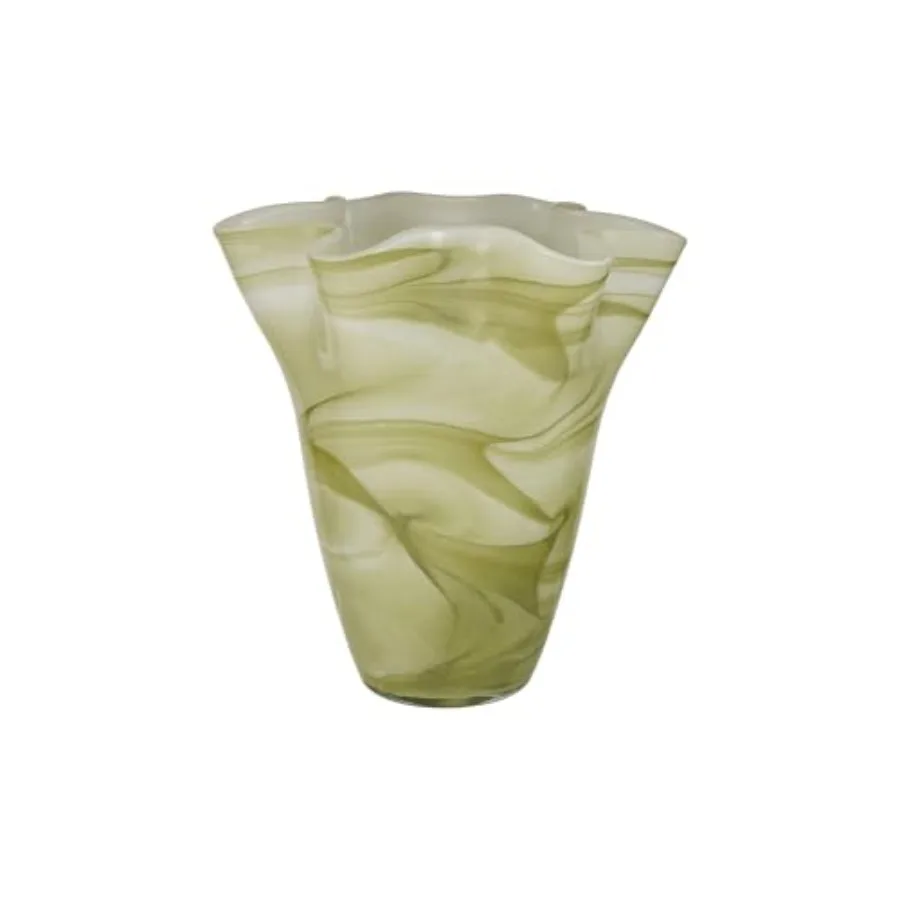 

Round hand-blown glass ruffled vase for home decor, opaque green and white swirl design, artisan-crafted texture and elegant ma