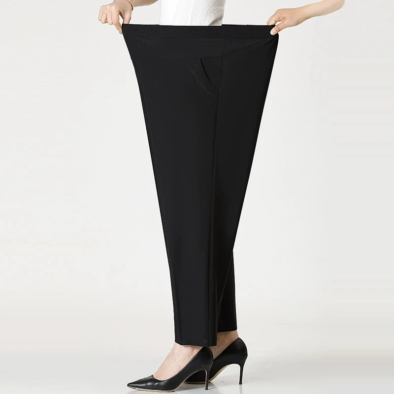 Extra Large Mom Summer Straight Pants Middle-Aged Women Elastic High Waist Grandma Ice Silk Cropped Pants Female Casual Pants
