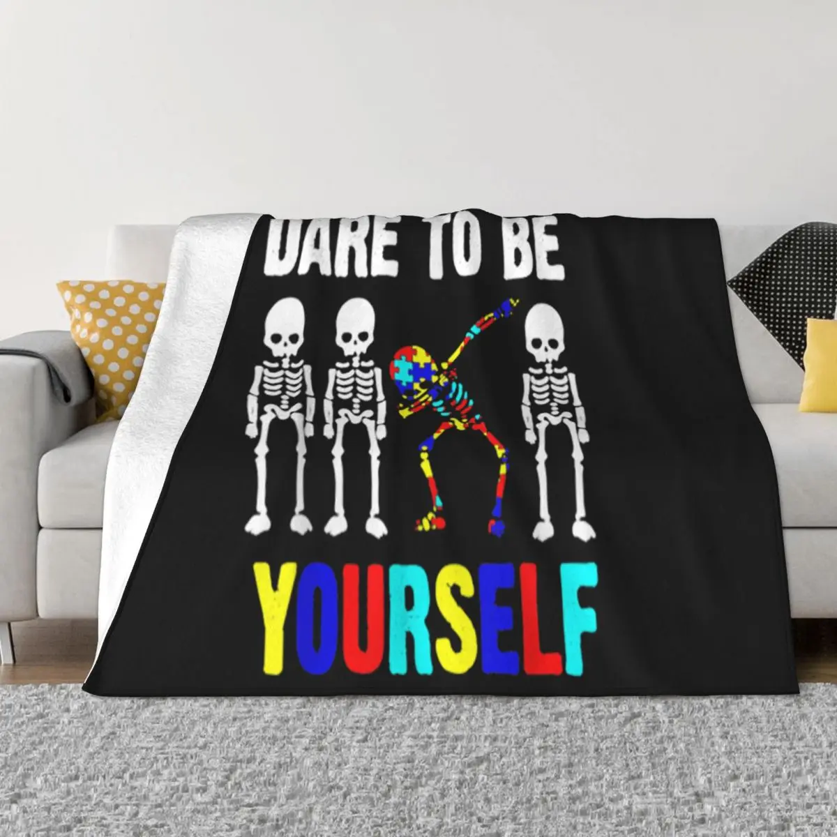 Autism Awareness Gift Skeleton Dabbing Dare To Be Yourself Discount Original Rap Adults Throw Blanket