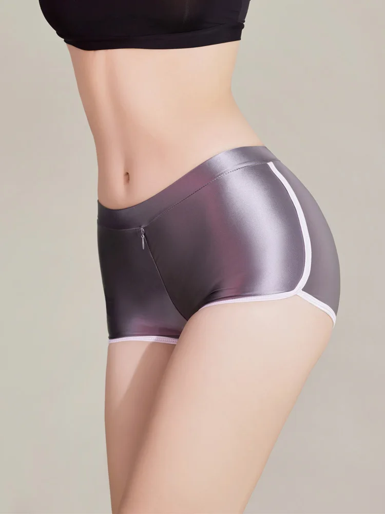 

Sexy Zipper Open Crotch Yoga Elasitc Shorts Stain Smooth Oil Glossy Shiny Tight Casual See Through Beachwear Fitness Hot Short