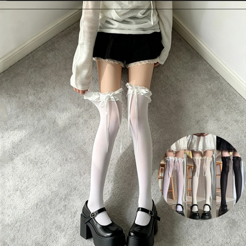 Women Thin Sheer Ruffle-edge Lace Long Socks JK Girl Sweet Thigh High Stockings Lolita Nylon Over Knee Cute Bow Knot Hosiery