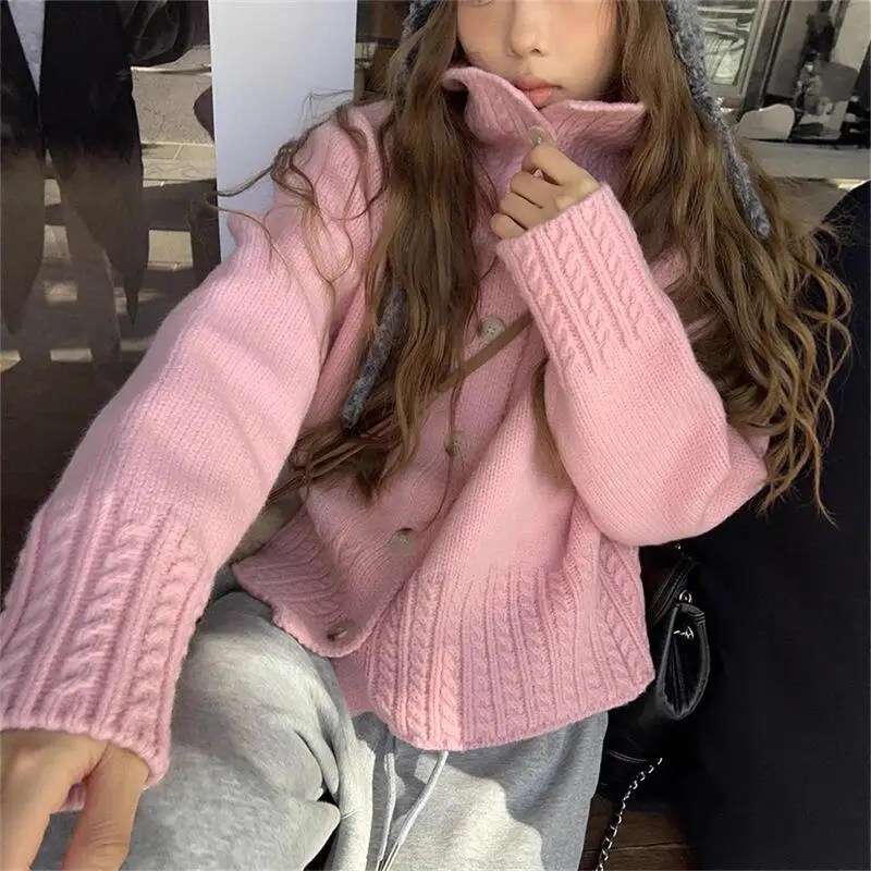 Pink High Collar Knitted Sweater Cardigan Women's Jacket Solid Knitted Top Twists Sleeve Knitwear Korean Version Autumn Winter