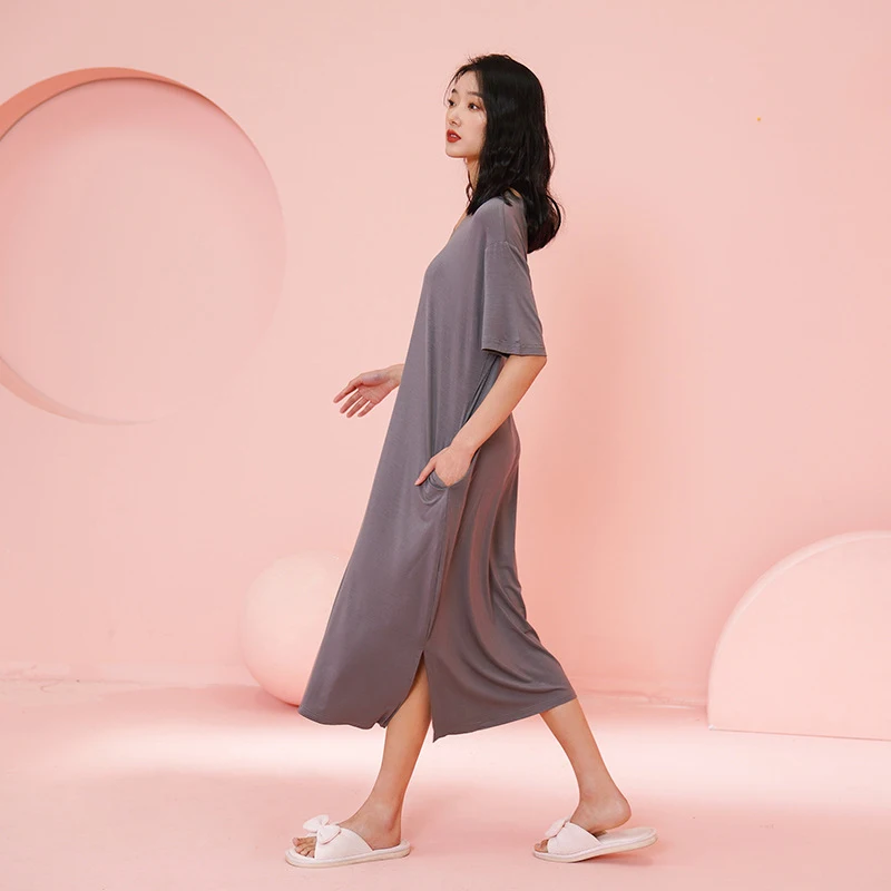 Women'S Summer Nightgown In Modal Fabric, Short-Sleeved, Long Style, High-End Feel, Plus Size, With Chest Pads, Home Dress