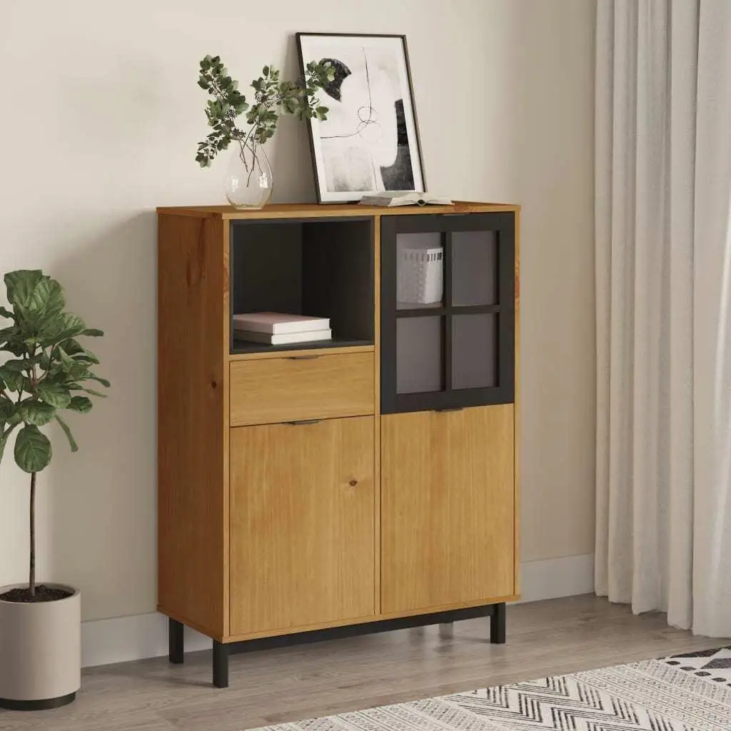 

Solid Pine Wood Highboard with Oak Color Tempered Glass and Plastic Handles for Modern Home Storage
