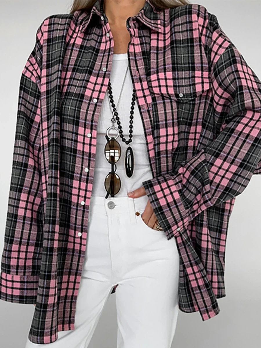 Bornladies Summer Autumn New Female Plaid Simple Versatile Shirt Loose Long Sleeved Jacket Top Women's Clothing Collar Shirt