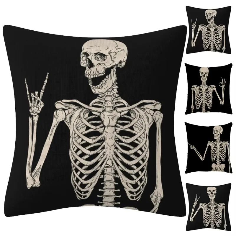 

Halloween Skull Cushion Cover Black Linen Sofa Throw Pillow Cover Scary Skull Skeleton Printed Pillowcase Holiday Home Decor