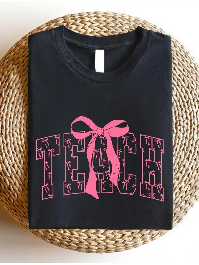 Coquette Pink Bow Teach T Shirt Women Cute Ribbon Graphic Tees Teacher Appreciation Gift Short Sleeve Crew Neck Top Casual School Outfits