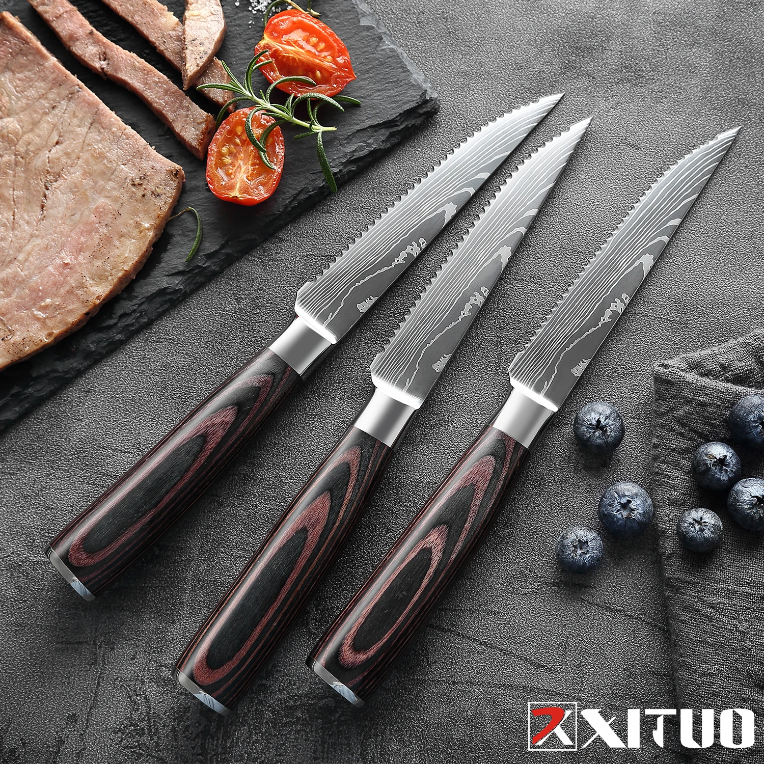 XITUO Super Sharp Stainless Steel Laser Damascus Pattern Steak Knife Set Professional Restaurant Serrated Knife Ergonomic Handle