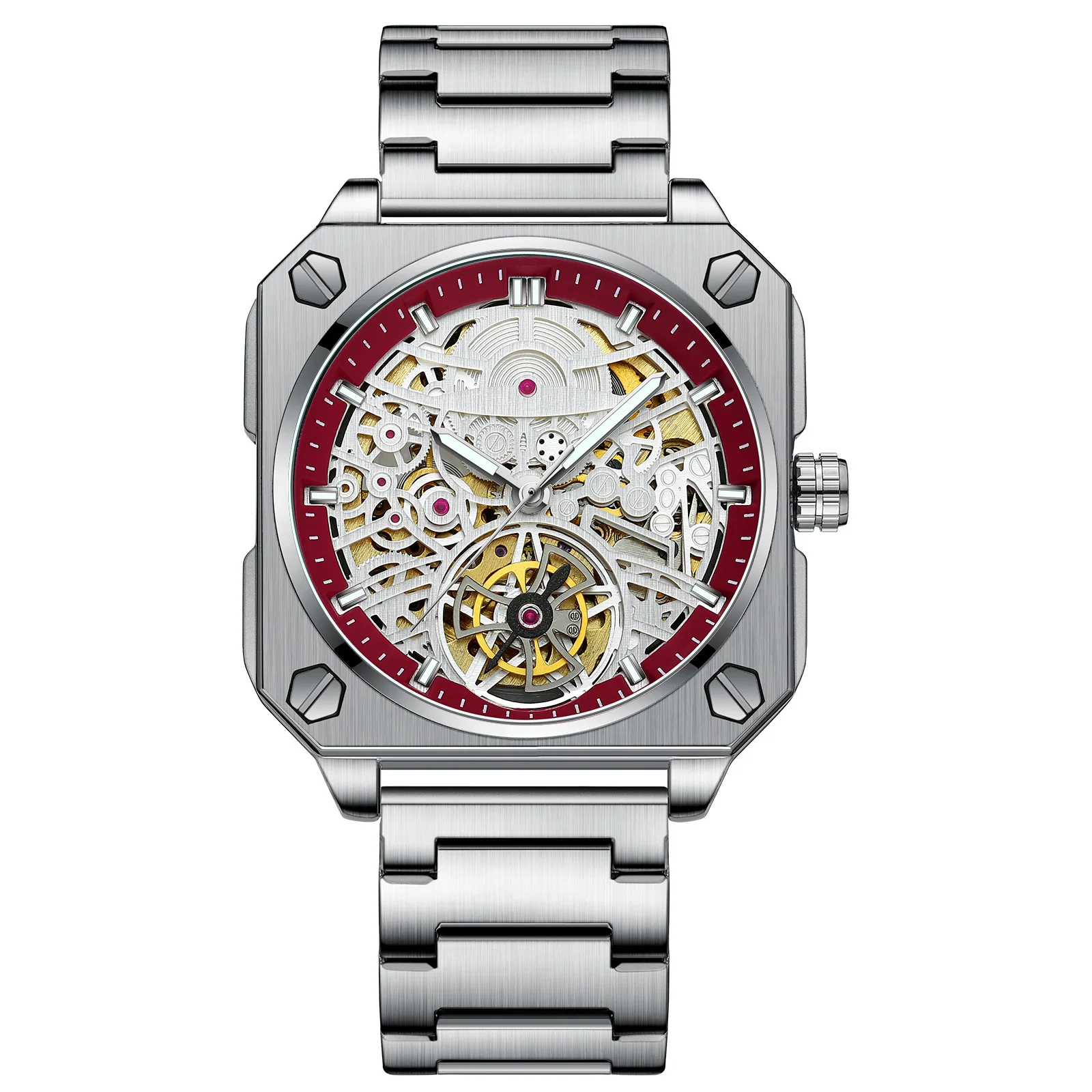 Men Hollow Square Tourbillon Automatic Mechanical Watch Waterproof Luminous Hands Transparent Skeleton Wristwatch