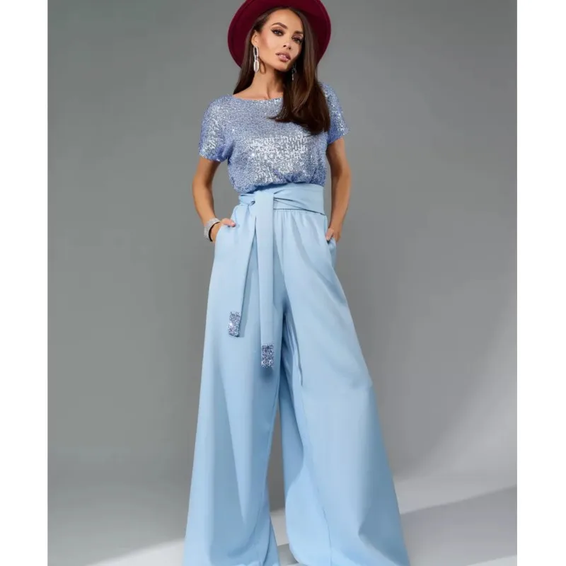 Women's Fashion Sequin Patchwork Jumpsuits 2025 New Casual O-Neck Tie High Waist Jumpsuit Elegant Short Sleeve Jumpsuit