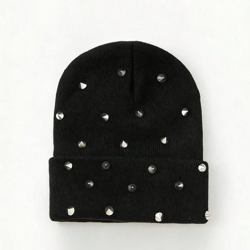 Punk Rivet Spike Knit Beanie Hat Unisex Gothic Cuffed Skull Cap Warm Winter Knitted Hat Hip Hop Streetwear Cool Casual Beanies