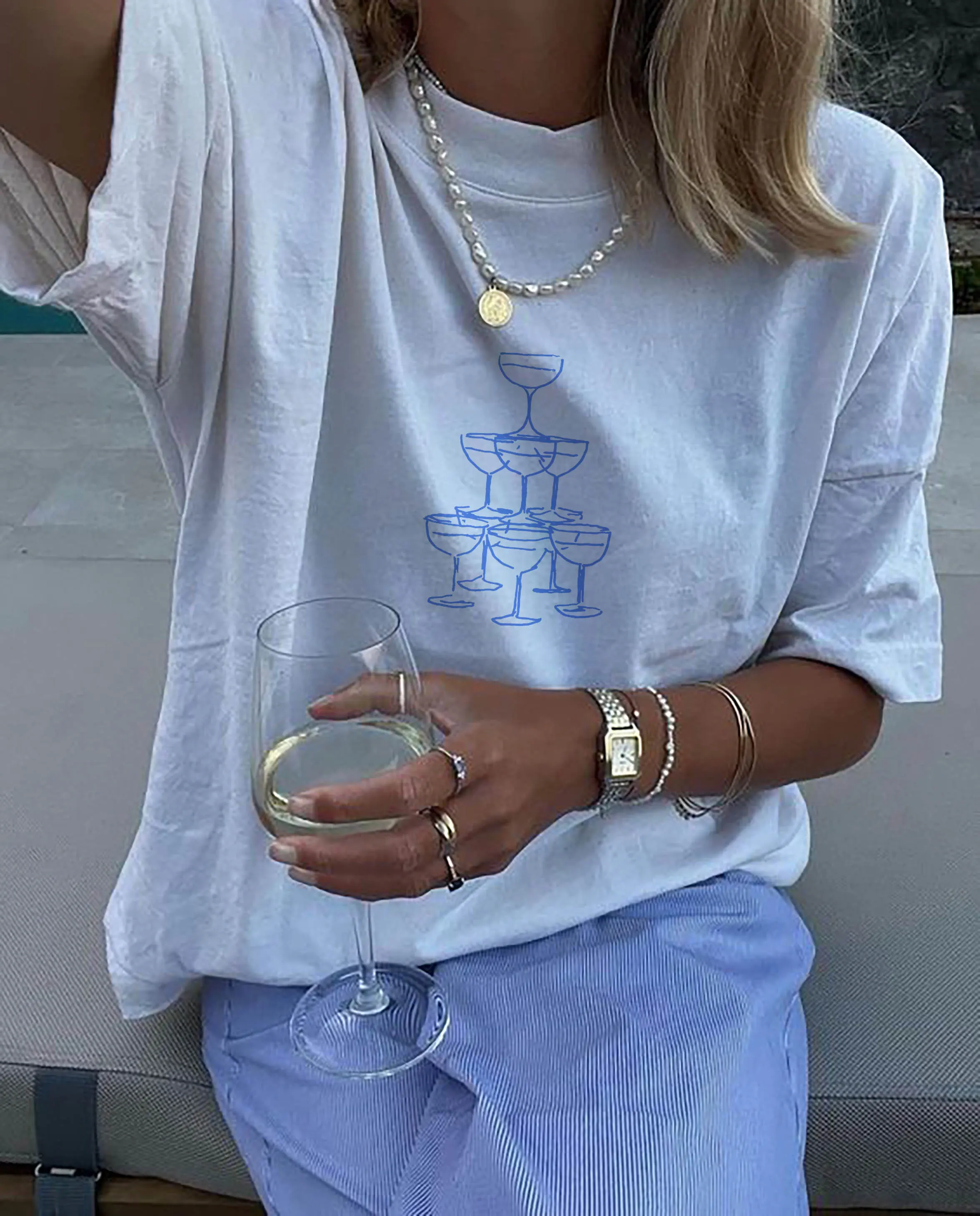 

Champagne Tower T Shirt Fashion Relaxed Fit Chic Minimal Design