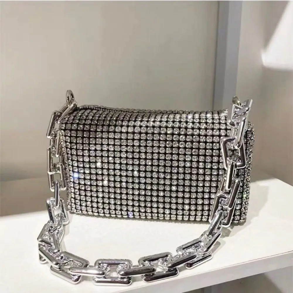 Bolso de mano con cadena de diamantes de imitación para mujer, bandolera pequeña cuadrada para teléfono móvil, 2023