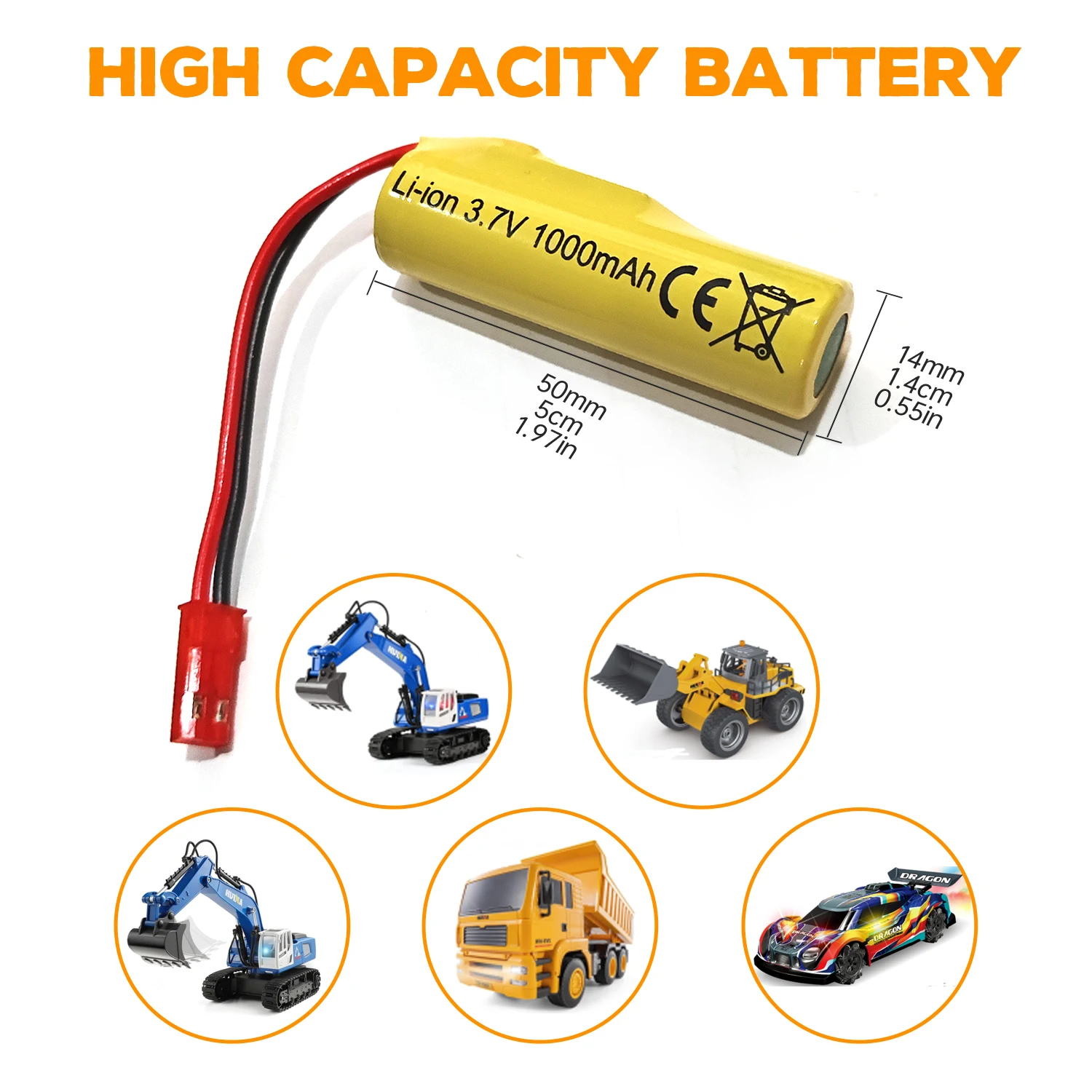 5PCS 3.7V 1000mAh JST-2P Plug Li-ion Battery with 1 to 5 Charger for Huina 1337 1338 1516 1517 RC Engineering Vehicle,RC Toy Car