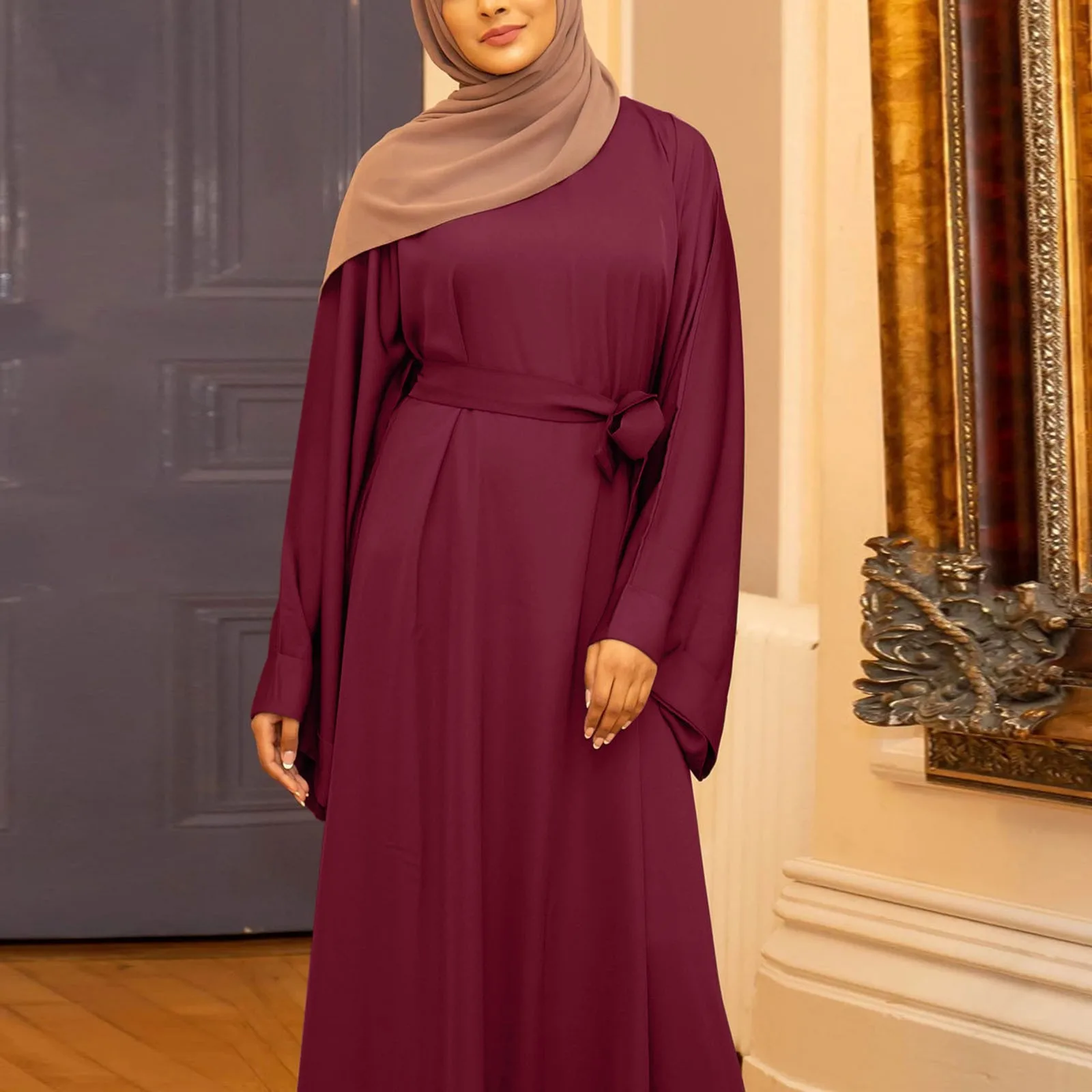 

Women Casual Dress Casual Solid Color Muslim Dress Flare Sleeve Elegant Dress High Waist Long Sleeve Muslim Dress For Women