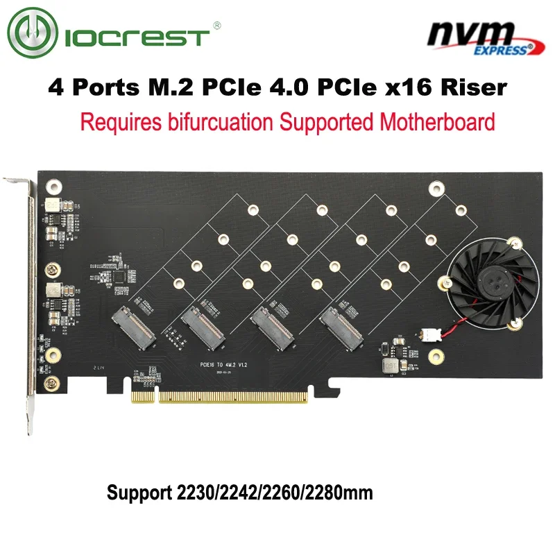 IOCREST 4 Ports M.2 NVMe to Pcie 4.0 X16 riser controller Adapter Card Only Support Bifurcation Motherboards