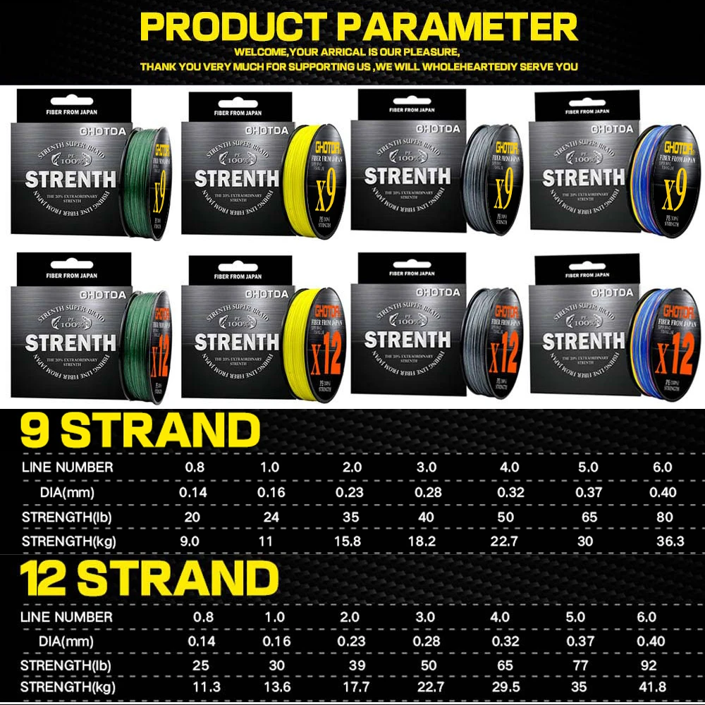 GHOTDA 12 Strands 9 Strands 100m Fishing Line Braided Pe Super Strong Carp Sea Ocean Multifilament Wire 0.6#-8.0# Fishing Tools
