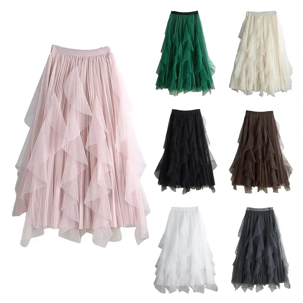 

2026 Autumn/Winter Mesh Half Length Skirt For Women Long High Waist Slim And A-line Pleated Skirt Long Flowy Layered Tiered