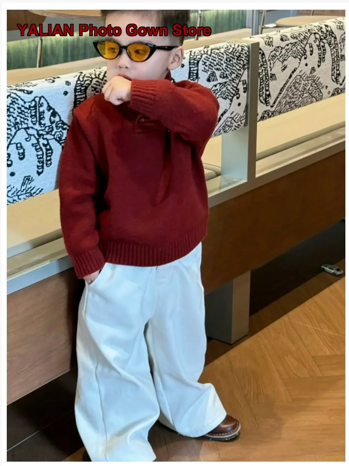 Boys Fold Collar Pullover Sweater Kids Winter Korean Style New Year Greeting Knit Top Solid Color