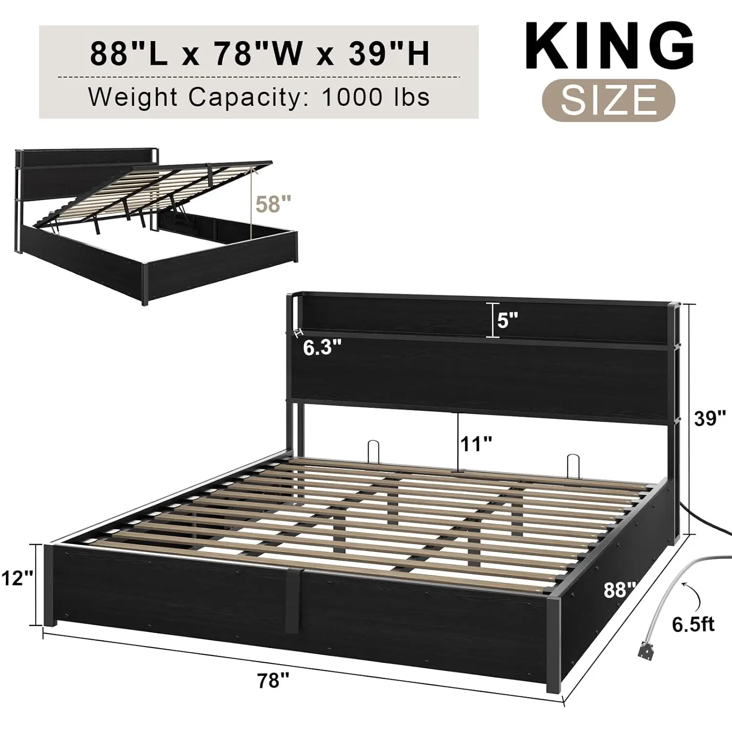 King Lift Up Storage Bed Frame Wooden Platform USB Charging No Box Spring Quiet Black King, Customized
