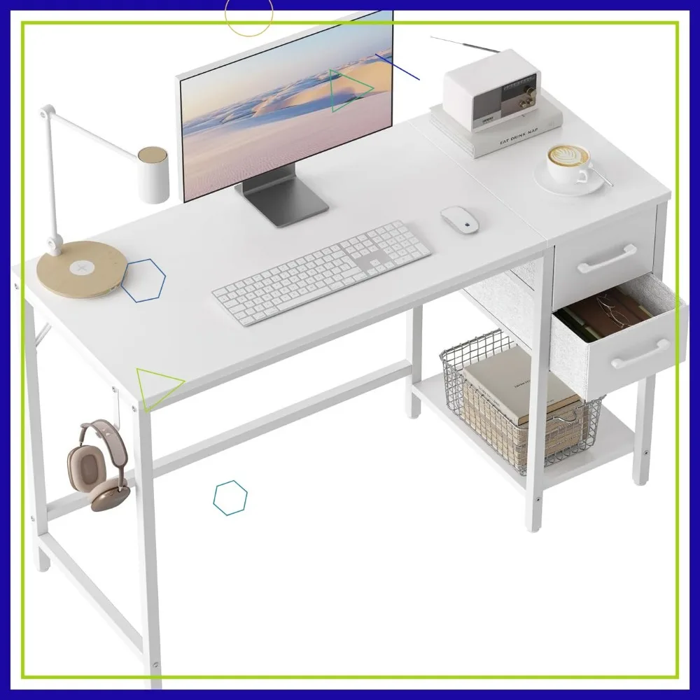 مكتب مكتب صغير مقاس 40 بوصة مع درجين، ورف تخزين، وتصميم قابل للعكس لطاولة الكتابة للدراسة المنزلية باللون الأبيض النقي #1