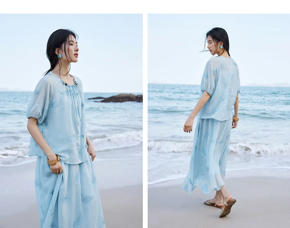 SENTUBILA Elegantes besticktes 3-teiliges Damen-Set, bestehend aus einem Oberteil mit Perlenbesatz und Rundhalsausschnitt, einem einfarbigen Camisole und einem A-Linien-Rock, lockeres Outfit 162ZK4843 – Detail 19