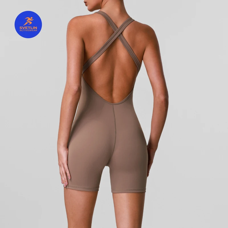SVETLIN EU US Size Top Quality V Neck Backless Yoga Jumpsuit With Pads High Waist Hip Lifting Fitness One Piece Short For Women