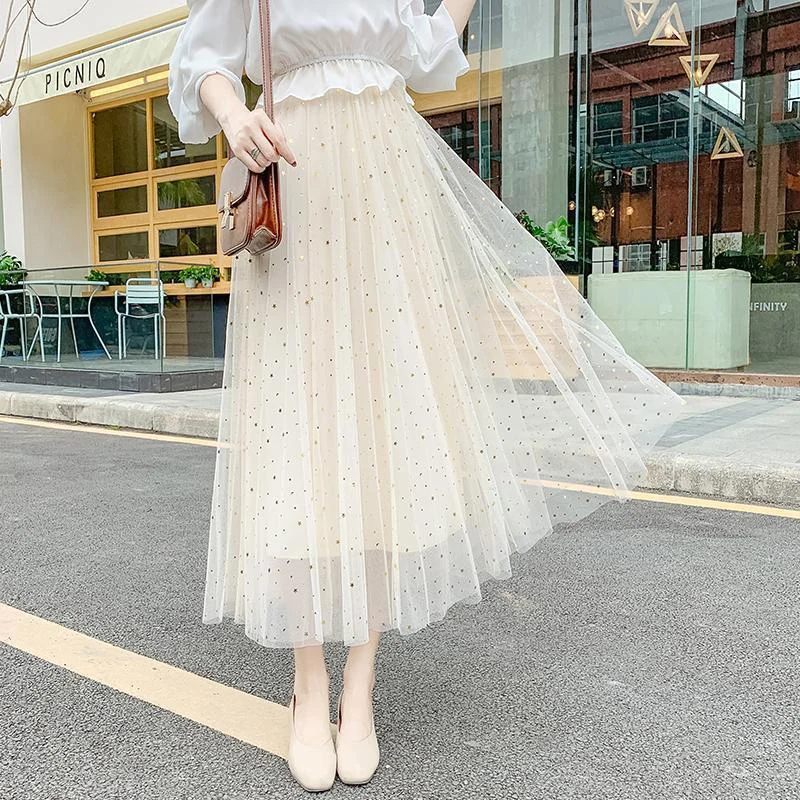 Spring Summer High Waist Elegant Sequins Mesh Skirt Ladies Temperament All-match Fairy Ankle Length A-line Skirts Female Clothes