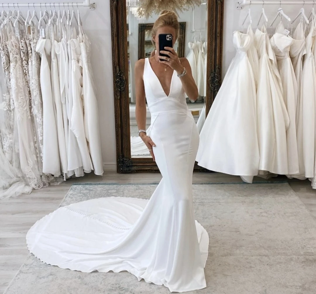 Vestido de Novia satynowa elegancka syrenka dekolt w serek suknia ślubna z odkrytymi plecami bez rękawów dostosuj na miary suknie ślubne oszałamiająca