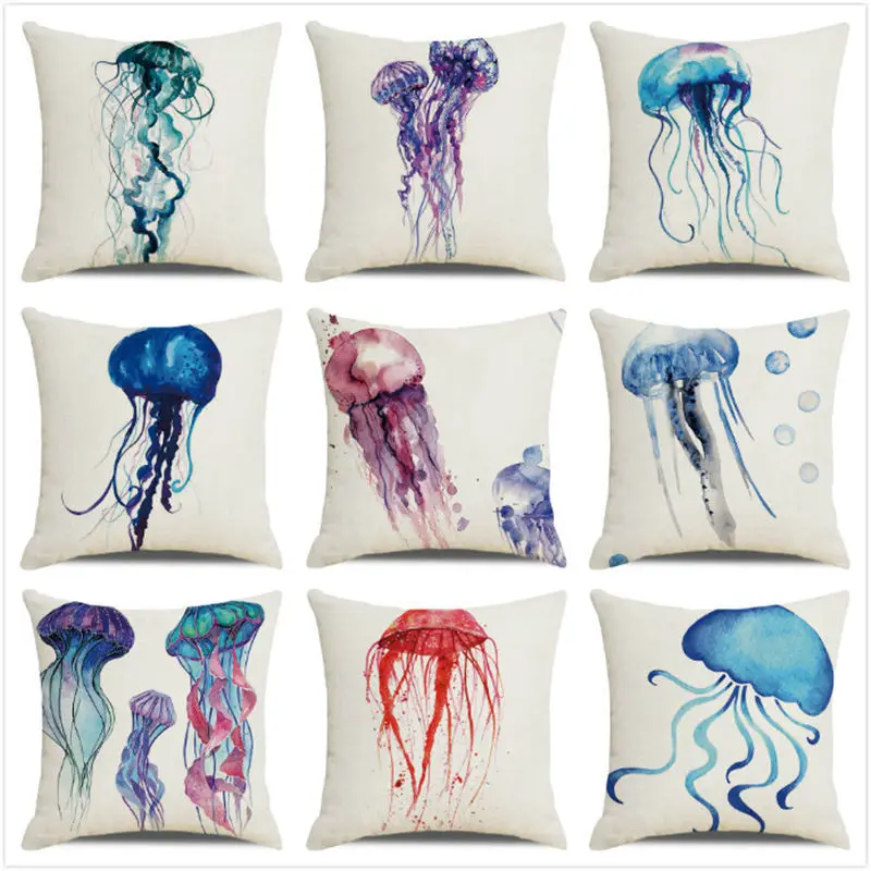 Watercolor jellyfish marine organism Digital printing short plush pillow covers for car sofa office cushion cover home goods