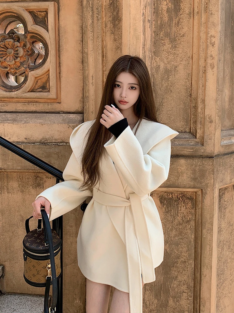 

Зимнее высококачественное двустороннее шерстяное пальто с капюшоном для женщин, укороченное, маленького размера, в стиле колледж, свободного кроя