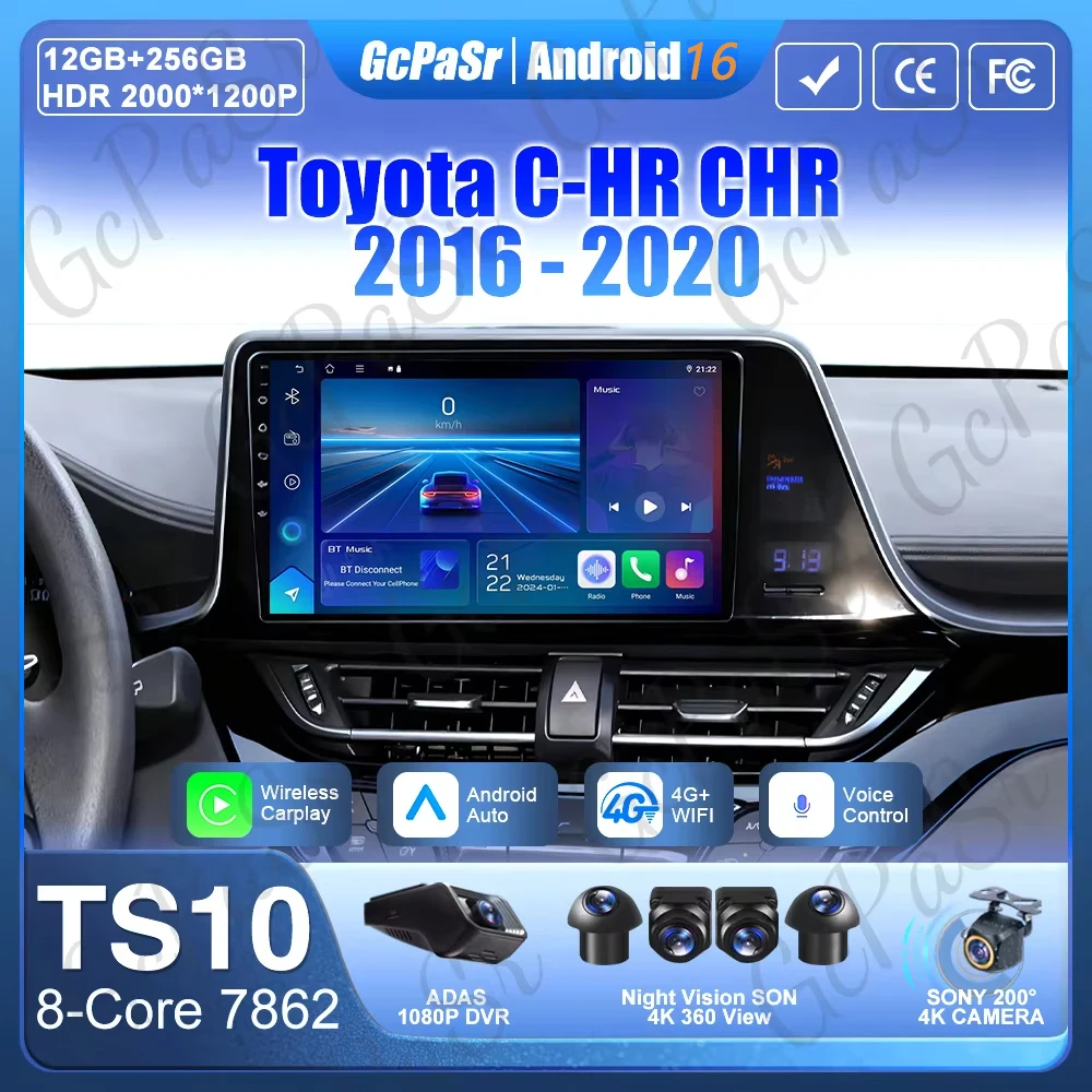 Radio samochodowe z Androidem 16 do Toyota C-HR CHR 2016 - 2020, Carplay, odtwarzacz multimedialny, nawigacja GPS, 4G Wifi, wideo, stereo 2din