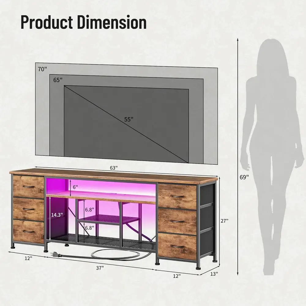 65-70 Inch LED TV Stand, 63 Entertainment Center with Power Outlets, 6-Drawer Media Console in Rustic Brown