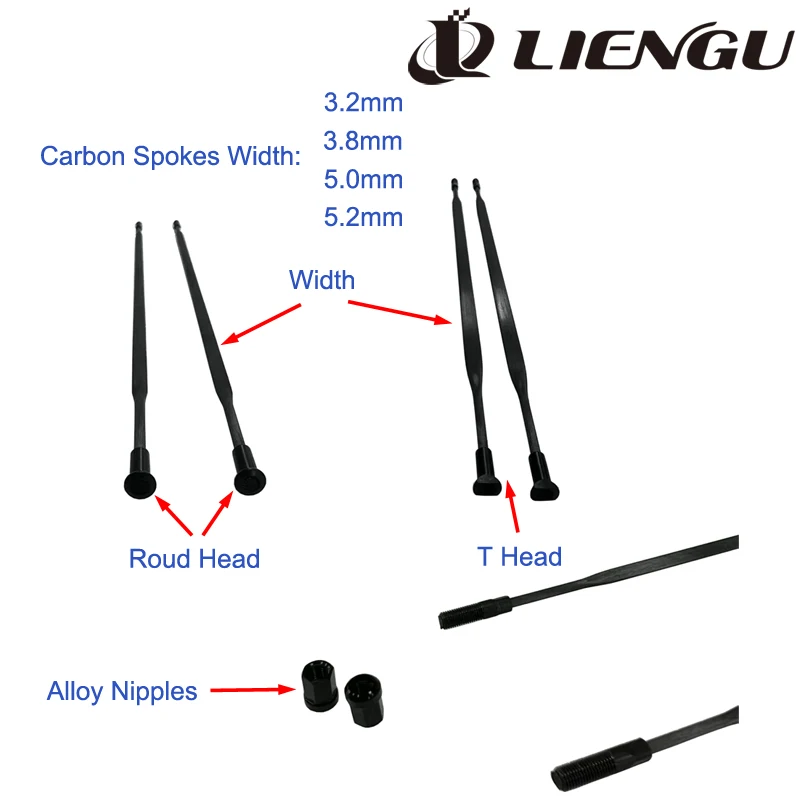 Light Carbon Fibre Spokes For Road Bike Wheels Straight Pull 3.2mm 3.8mm 5.0mm 5.2mm Width Round Head T Head Rays