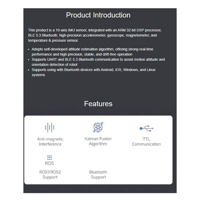 B17B 10-Axis DOF ROS IMU (A) Sensor UART ARM 32 DSP Processor BLE 5.3 Bluetooth / Accelerometer / Gyroscope / Magnetometer
