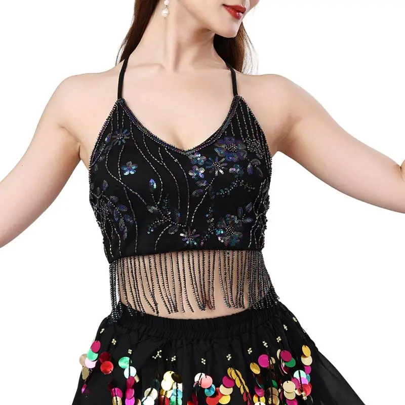 

Женский блестящий бюстгальтер с блестками для танца живота, вечерние топ на бретелях для рейва, костюм для ночного клуба, сценический костюм, клубный укороченный топ