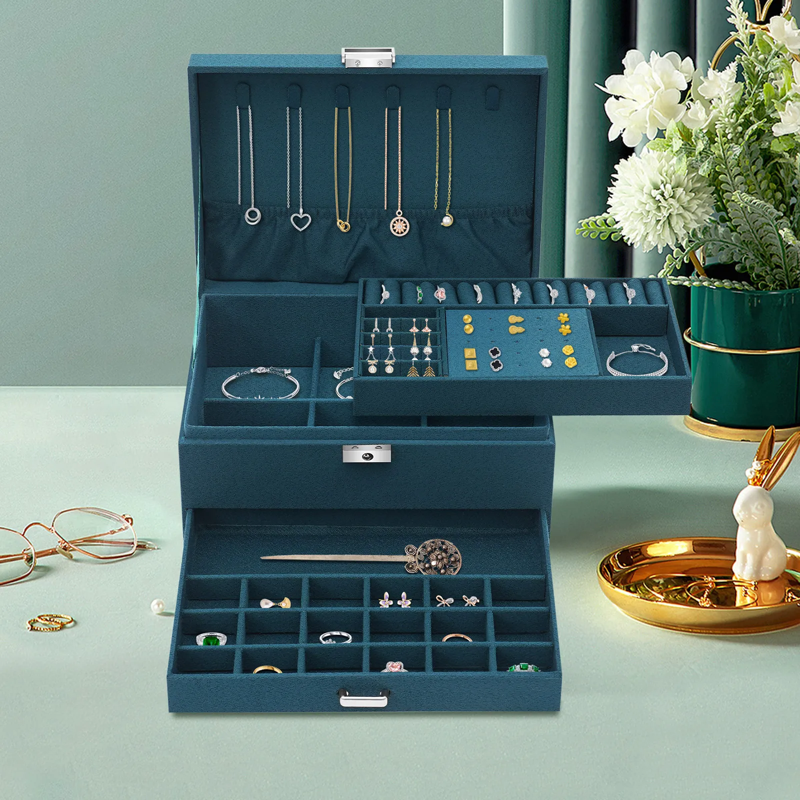 Estuche de almacenamiento de joyas grande de 3 capas con estuche portátil, joyero con bandeja extraíble, organizador con cerradura y espejo, verde