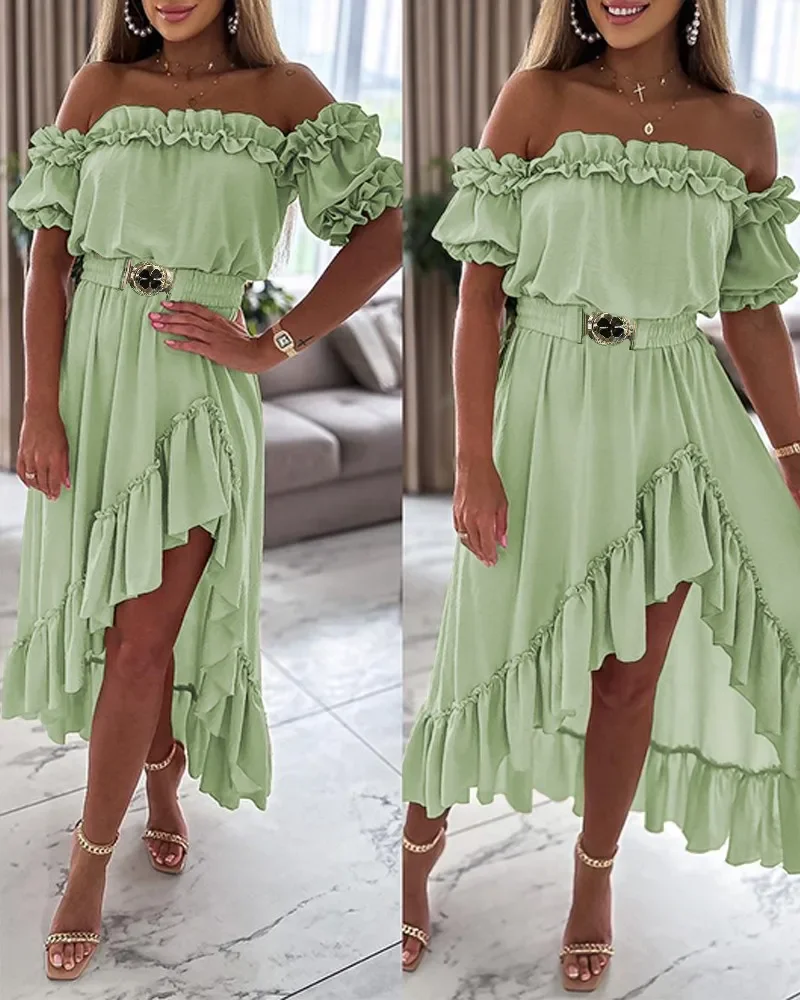 Summer Fashion Casual Dress Women Sexy Off The Shoulder Short Sleeve Ruffle Frill Hem Asymmetrical Maxi Dress