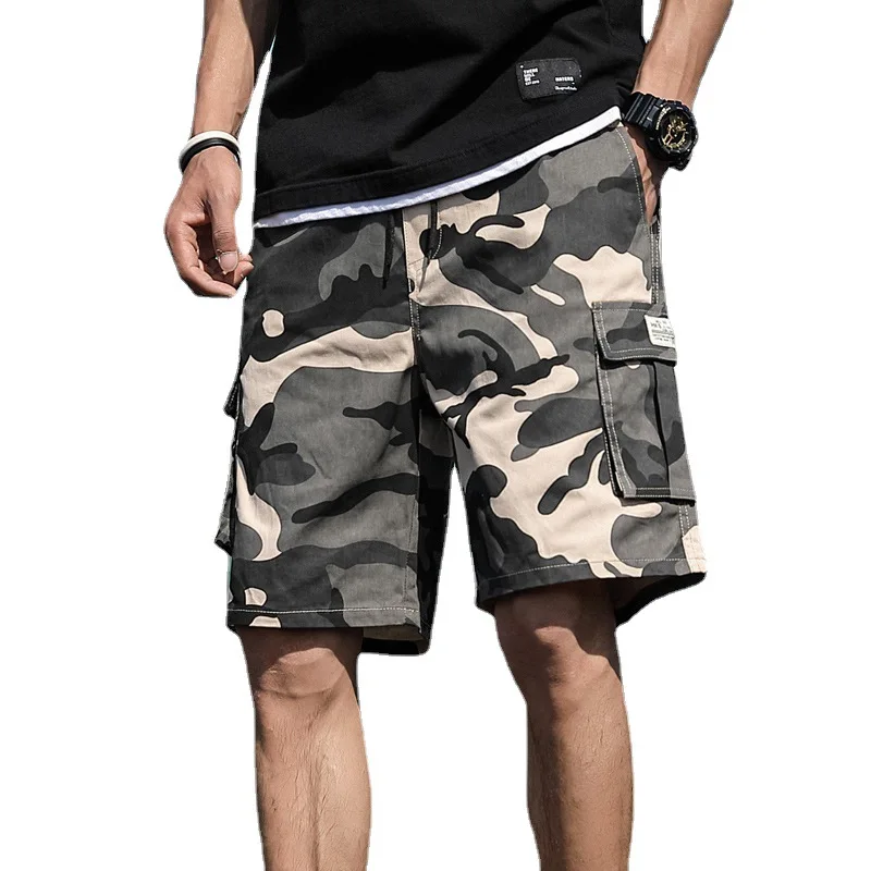 Men's Open-file Shorts Summer Camouflage Tooling Casual Beltless Teen Cotton Solid Color Micro-elastic Ordinary Mid-waist Spot