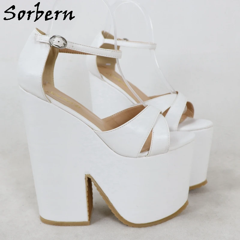 Sorbern White Matt Slingback Women Sandals Block High Heel Summer Shoes Ankle Strap Wide Cross Strap Female Shoes Custom