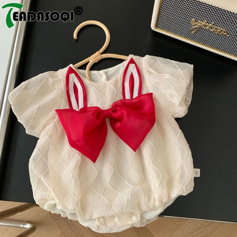 

0-2Y Summer Adorable Baby Bodysuit Korean Style Short Sleeve Bow And Bunny Ear Decorate For Todder Kids Infant Girls Clothing