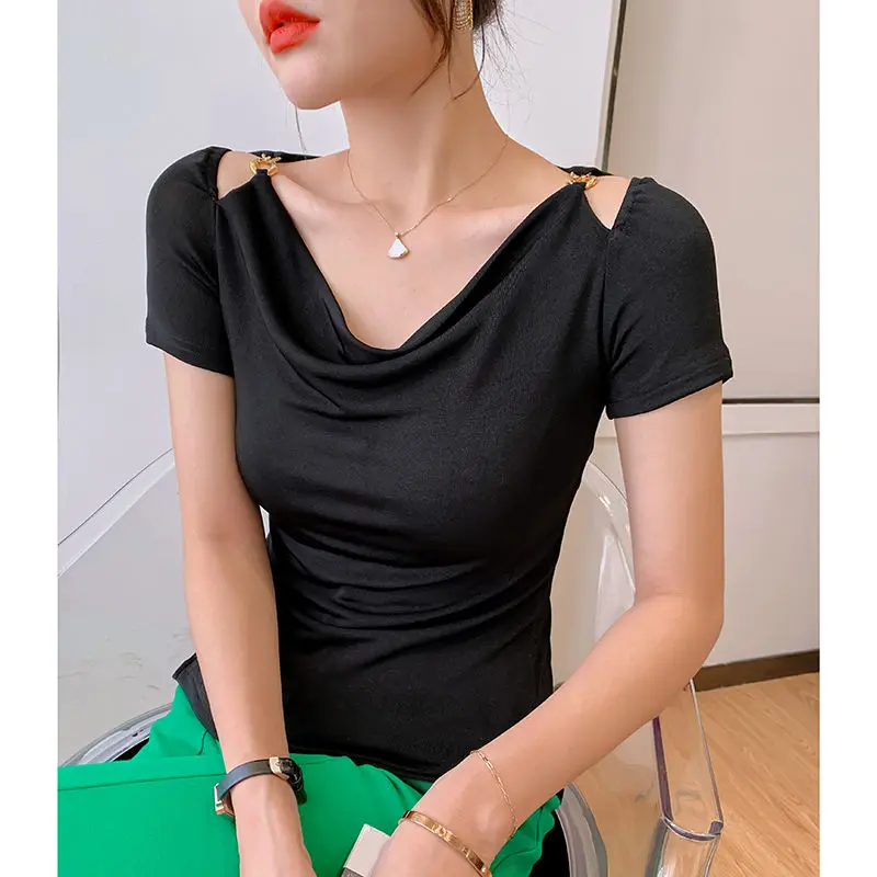 Elegant Off Shoulder Slim T Shirts Summer New Short Sleeve Hollow Out Solid Color Pleated Tops Tees Fashion Trend Women Clothing