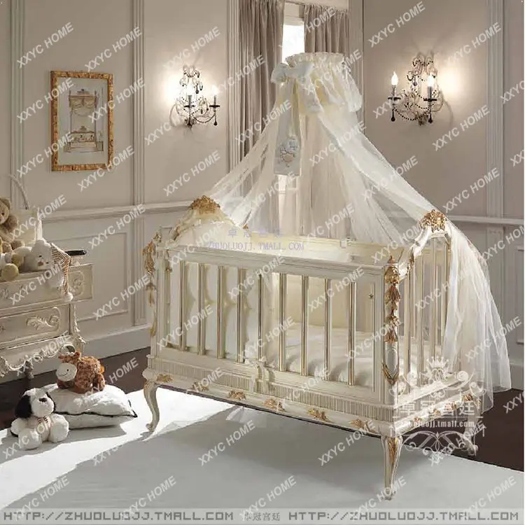 Neoclassical solid wood carving flower baby bed, villa princess room white gold bed