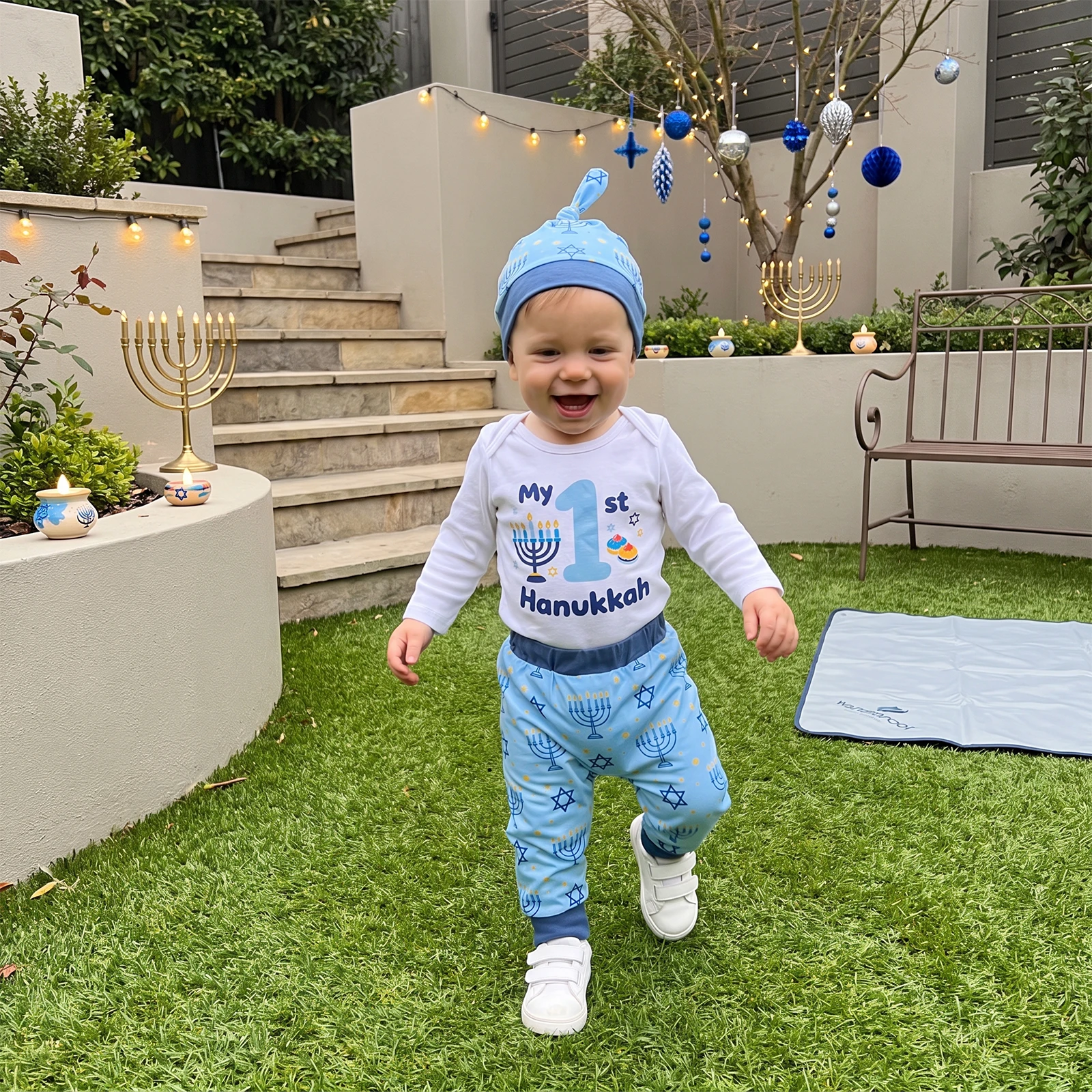Baby Boys First Hanukkah Outfits Dreidel Menorah Print Romper Pants Hat