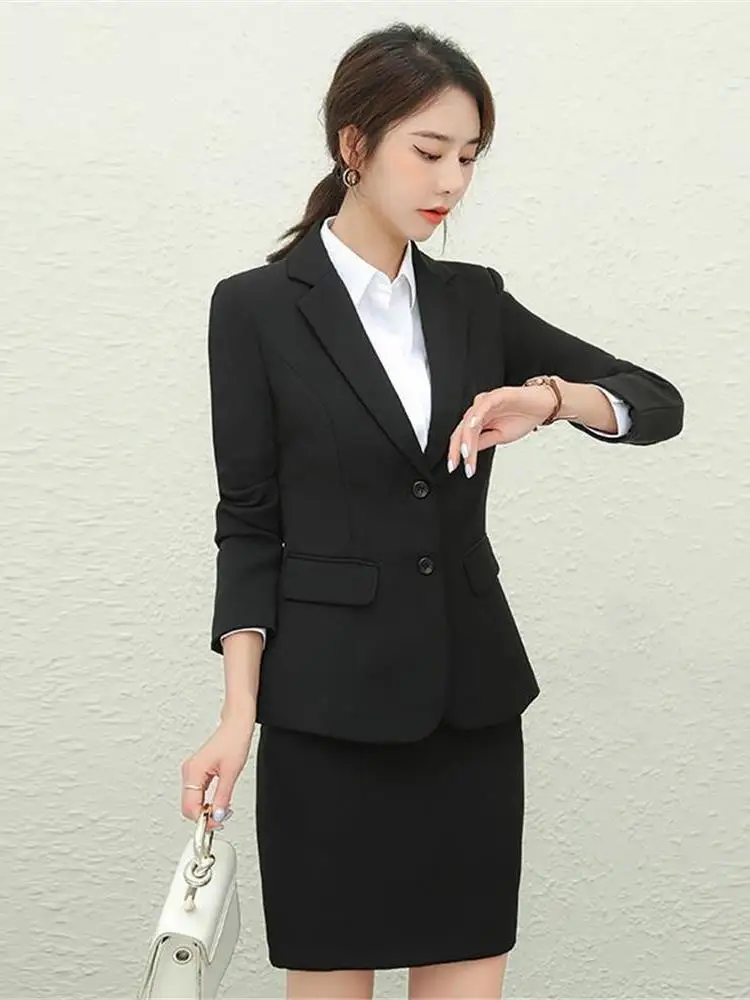 

Women's Slim Fit Long Sve Suit Set for Work Interview Autumn Winter Bla Jaet Profional Career Chinese Sle Cleanfit