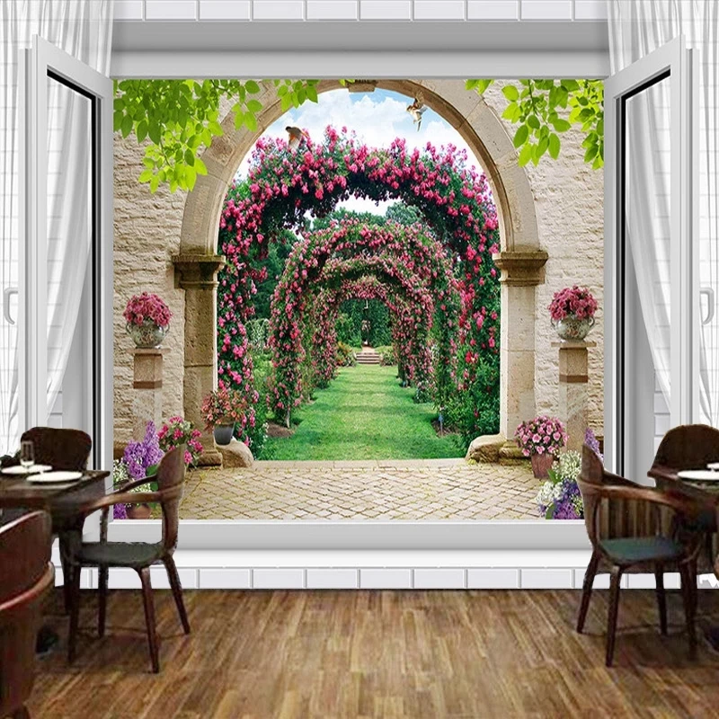 Customized European 3D Window Spatial Extension Arches Flower Vine Mural Wallpaper Living room TV background bedroom restaurant