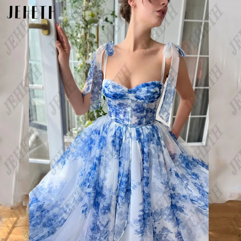 JEHETH Floral Print Prom Dresses 2024 Sweetheart Spaghetti Straps A-Line Lace Up Party Gown Tulle Ankle Length Vestidos De Festa