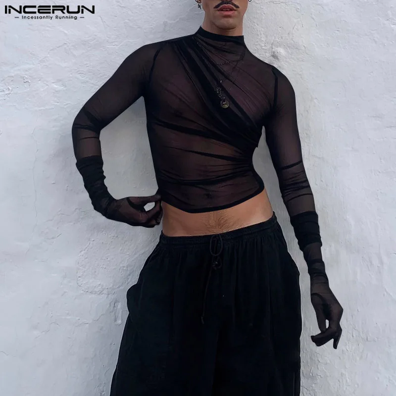 INCERUN Sexy Men Tops Mockneck Long Sleeve Mesh Transparent T Shirts Night Club Party Sexual See Through Net Yarn Shirts