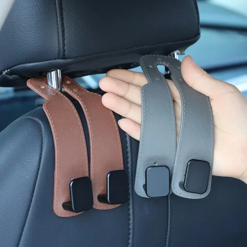 Leather Car Seat Back Double Hooks Multifunctional Car Phone Holder Hidden Metal Small Hook Car Headrest Hanging Storage Bracket